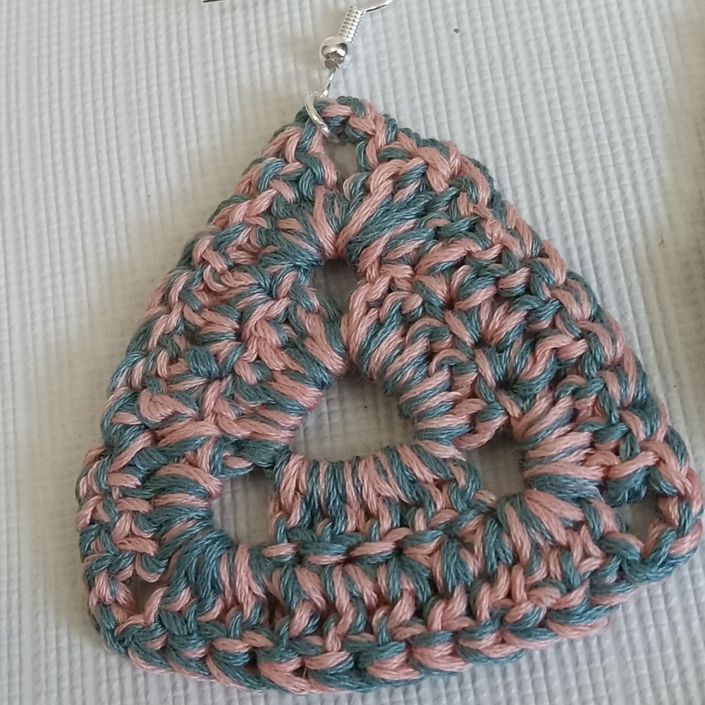 Handmade Crochet Blue and Pink Triangle Shaped Lightweight Dangle Style Earrings - Picture 7 of 11